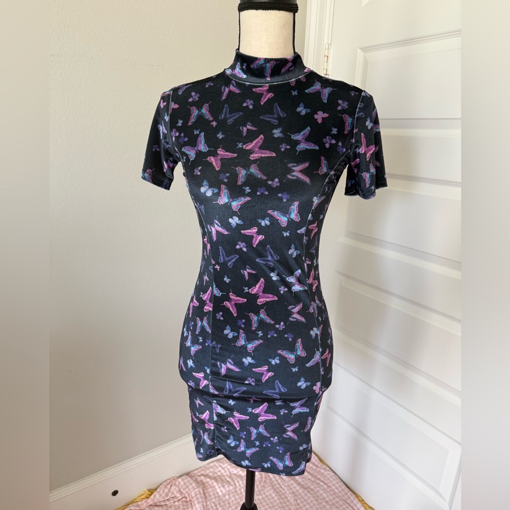 Rokoko Bodycon Velvet Butterfly Print Dress
